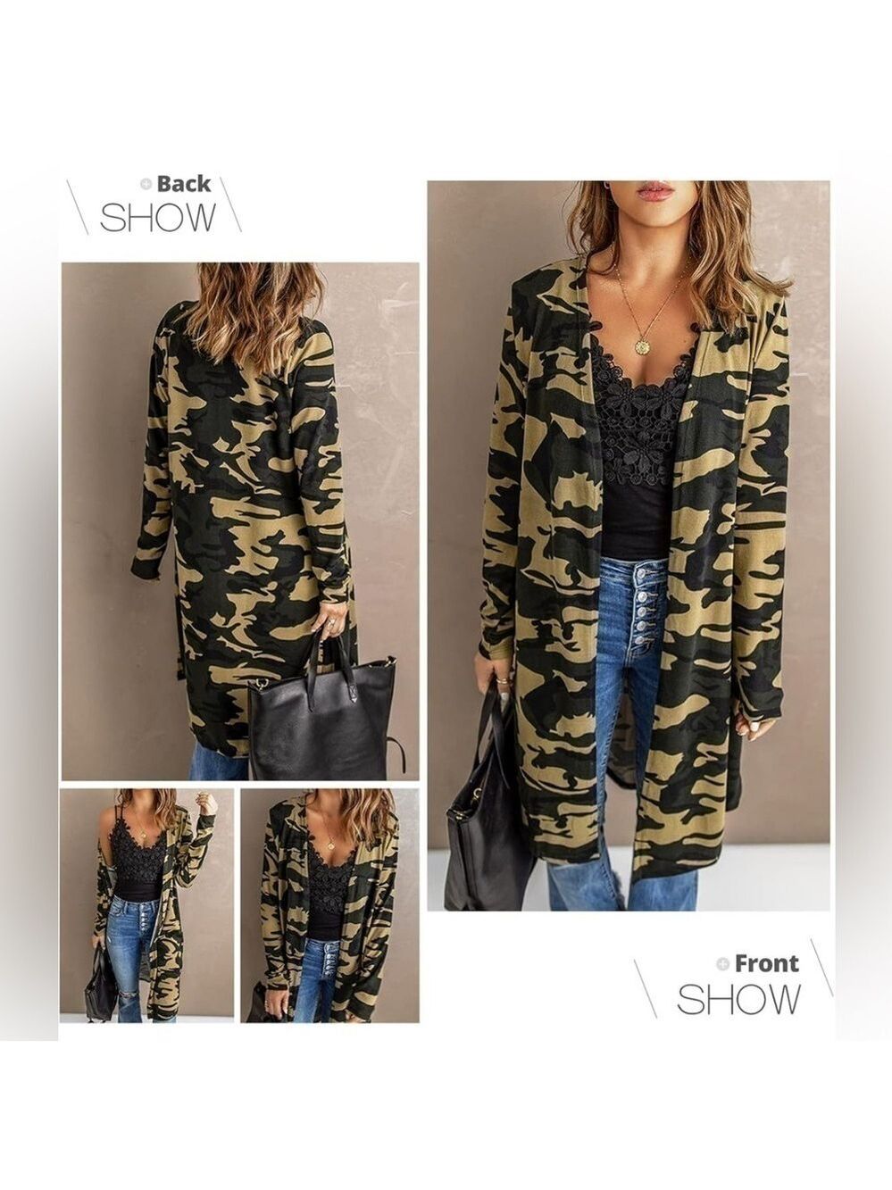 NWOT Women’s Long Sleeve Open Front Camo Print Knit Cardigans, Green, Large